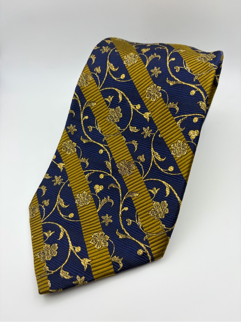 Robert Talbott Best of Class Silk Tie Navy Gold Floral Stripe Made USA